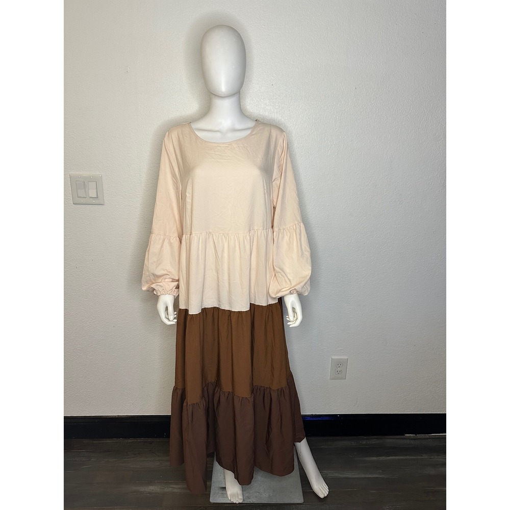 SHEIN Colorblock Tiered Maxi Dress Long Balloon Sleeve Cream Brown Tan